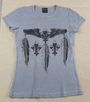 Sledge USA Shirt Womens Large Blue Feather Fleur De Lis Slim Graphic Tee